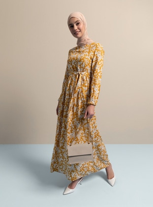 Mustard - Floral - Crew neck - Unlined - Viscose - Modest Dress - ECESUN
