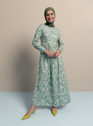 Green - Floral - Crew neck - Unlined - Viscose - Modest Dress - ECESUN