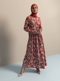 Floral Patterned Modest Dress Terra-Cotta