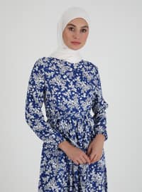 Navy Blue - Floral - Crew neck - Unlined - Viscose - Modest Dress