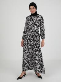 Black - Floral - Crew neck - Unlined - Viscose - Modest Dress