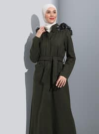 Faux Fur Detailed Coat With Hood Khaki