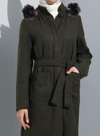 Faux Fur Detailed Coat With Hood Khaki