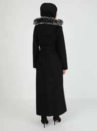 Faux Fur Detailed Coat With Hood Black