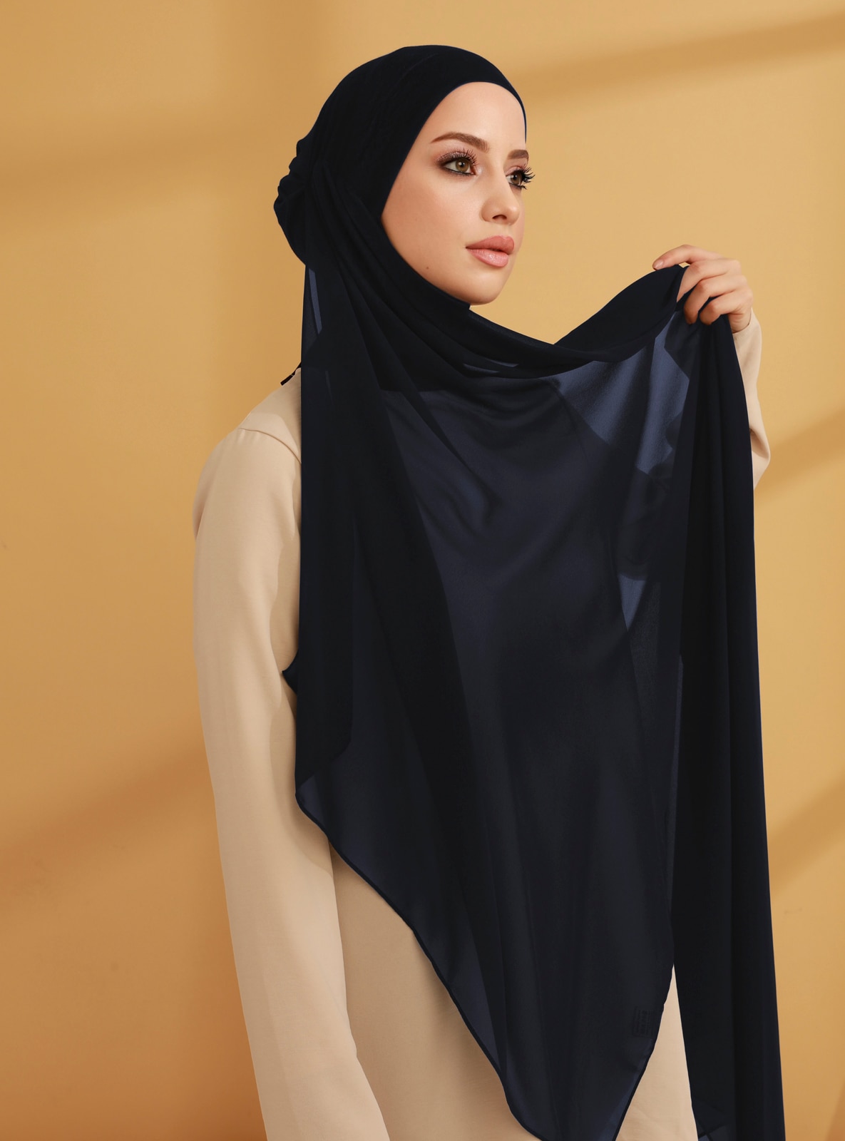 Chiffon Instant Hijab Navy Blue With Inner Undercap Instant Scarf