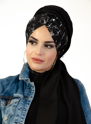 Patterned Twisted Shawl Black Instant Scarf