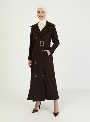 Brown - Fully Lined - V neck Collar - Trench Coat - Ziwoman