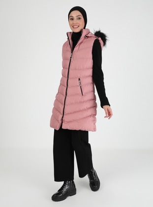 Puffer Vest Rose With Faux Fur Detailed Hat