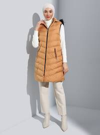 Puffer Vest With Faux Fur Detailed Hat Camel