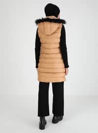 Puffer Vest With Faux Fur Detailed Hat Camel