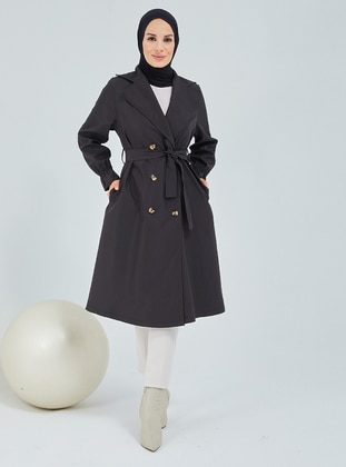 Black - Unlined - V neck Collar - Trench Coat - Topless