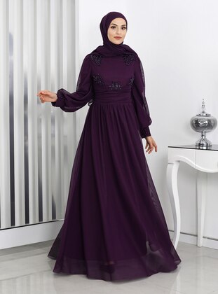 Purple - Fully Lined - Crew neck - Modest Evening Dress - Rana Zenn