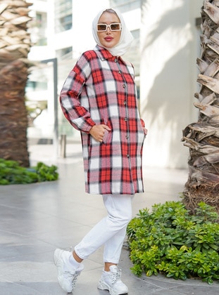 Lumberjack Plaid Shirt Long Tunic Red With Double Side Pockets And Full Length Buttons