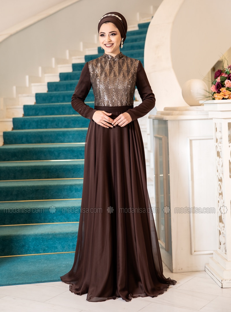 Brown - Fully Lined - Modest Evening Dress - Aslan Polat