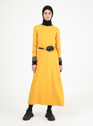 Mustard - Mustard - Crew neck - Unlined - Cotton - Modest Dress - Muni Muni
