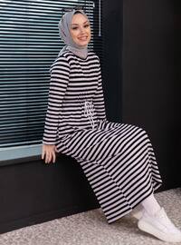 Black - Stripe - Crew neck - Unlined - Single Knit Fabric with Lycra - - Modest Dress