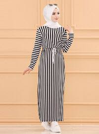Black - Stripe - Crew neck - Unlined - Single Knit Fabric with Lycra - Modest Dress