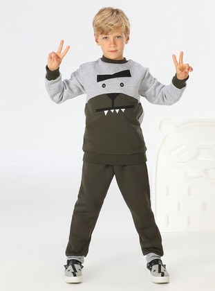 Multi - Crew neck - Unlined - Gray - Green - Boys` Suit - LupiaKids