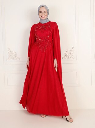 Red - Fully Lined - Crew neck - Modest Evening Dress - MODAYSA