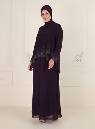 Purple - Fully Lined - Crew neck - Modest Plus Size Evening Dress - Sevdem Abiye