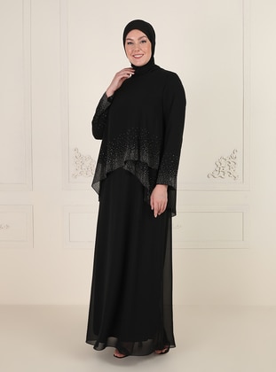 Stone Detailed Hijab Evening Dress Black
