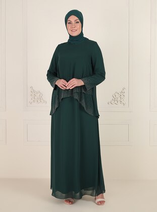 Stone Detailed Hijab Evening Dress Green