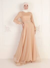 Gold - Fully Lined - Crew neck - Modest Evening Dress
