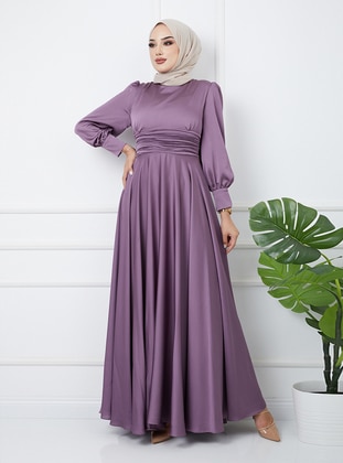 Pleated Waist Satin Evening Dress with Girdle - Dark Lilac - Olcay
