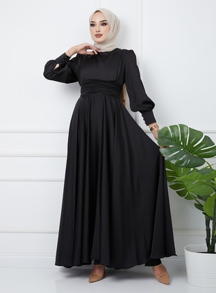 Pleated Waist Satin Evening Dress with Girdle - Black - Olcay