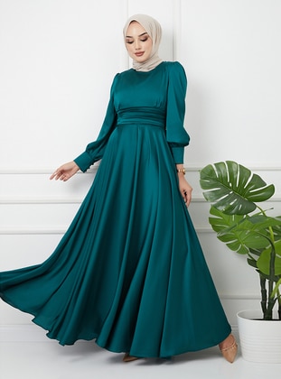 Pleated Waist Satin Evening Dress with Girdle - Green - Olcay
