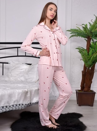 Pink - Shawl Collar - Heart Print - Pyjama Set - Ladymina Pijama