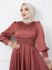 Belt Detailed Satin Hijab Evening Dress With Pleated Detail Rose