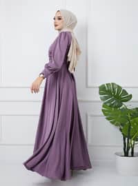Pleated Waist Satin Evening Dress with Girdle - Dark Lilac