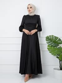 Pleated Waist Satin Evening Dress with Girdle - Black