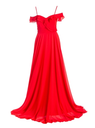 Red - Fully Lined - Modest Evening Dress  - Meksila