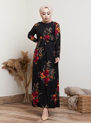 Black - Floral - Crew neck - Unlined - Modest Dress - MODAEFA