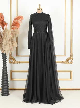 Black - Fully Lined - Crew neck - Modest Evening Dress - LARACHE
