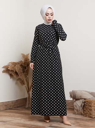 Polka Dot Modest Dress Black And White