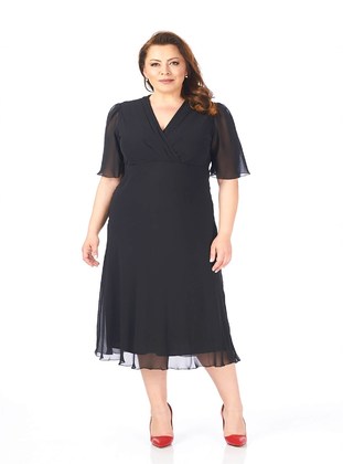 Black - Fully Lined - V neck Collar - Modest Plus Size Evening Dress - LILASXXL