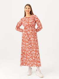 Terra Cotta - Floral - Crew neck - Cotton - Modest Dress
