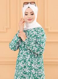 Green - Floral - Crew neck - Cotton - Modest Dress