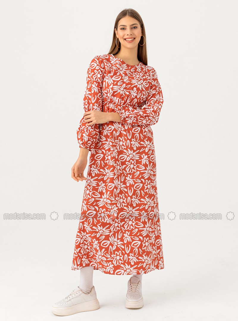 Terra Cotta - Floral - Crew neck - Cotton - Modest Dress