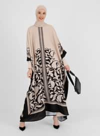 Flower Patterned Evening Dress Abaya Beige Black