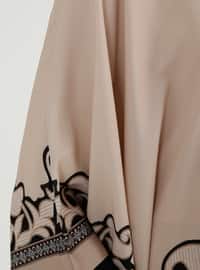 Flower Patterned Evening Dress Abaya Beige Black