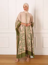 Flower Patterned Evening Dress Abaya Beige Green