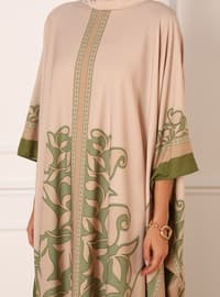 Flower Patterned Evening Dress Abaya Beige Green