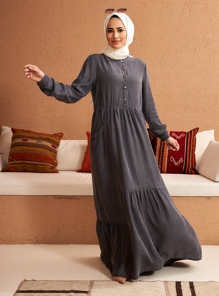 Modest Dress With Pocket Details Gray
