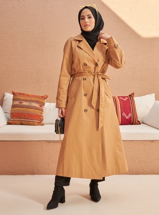 Camel - Fully Lined - Shawl Collar -  - Trench Coat - Neways
