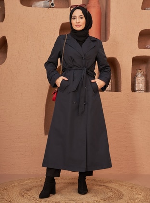 Navy Blue - Fully Lined - Shawl Collar -  - Trench Coat - Neways