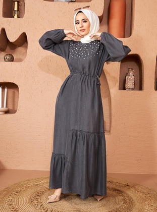 Pearl Detailed Modest Dress Gray